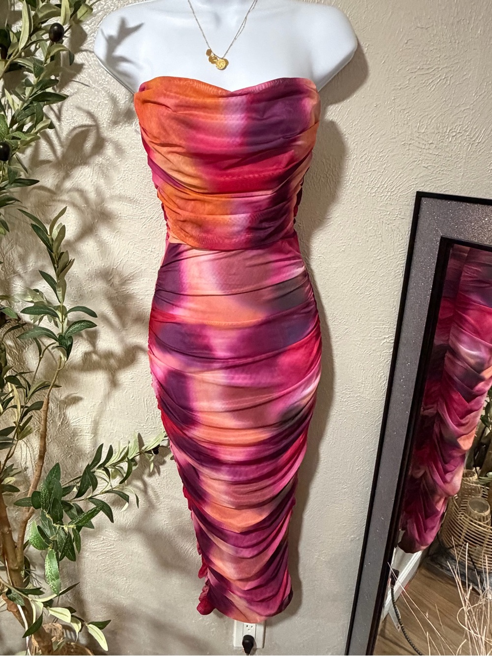 SHEIN Strapless Ruched Midi Dress in Pink and Orange Tie-Dye